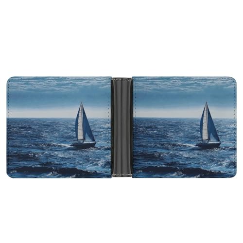 RKJVB Klassische Slimfold Geldbörse für Damen Blau Meer Segelboot Bifold Kreditkartenetui Brieftasche für Herren Leder Geldbörse mit Ausweisfenster und mehreren Kartenfächern Mini Wallet Blue Sea von RKJVB