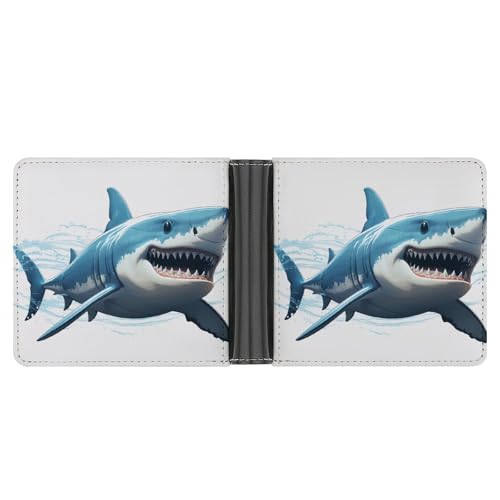 RKJVB Klassische Slimfold Geldbörse für Damen Blue Shark Bifold Kreditkartenetui Geldbörse für Herren Leder Geldbörse mit Ausweisfenster und mehreren Kartenfächern Mini Wallet Blue Shark 4,6 × 3,7 × von RKJVB