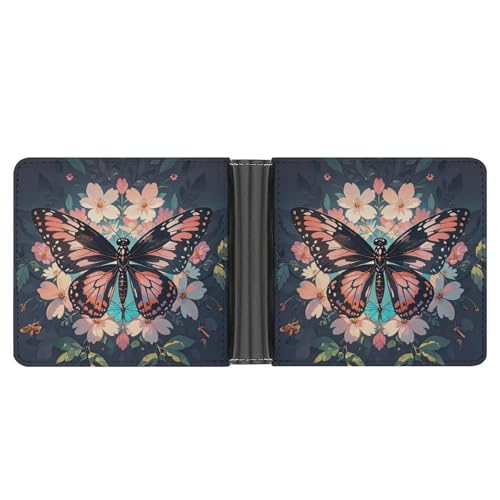 RKJVB Klassische Slimfold Geldbörse für Damen Blumen Schmetterlinge und Libellen Bifold Kreditkartenetui Geldbörse für Herren Leder Geldbörse mit Ausweisfenster und mehreren Kartenfächern Mini Wallet von RKJVB