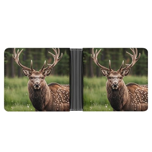 RKJVB Klassische Slimfold Geldbörse für Damen Hirsch Bifold Kreditkartenetui Geldbörse für Herren Leder Geldbörse mit Ausweisfenster und mehreren Kartenfächern Mini Wallet Hirsch 11,7 × 9,4 × 2,5 cm von RKJVB