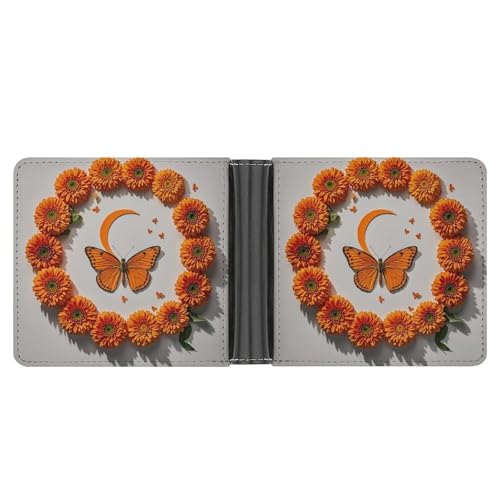 RKJVB Klassische Slimfold Geldbörse für Damen Orange Schmetterling Mond Bifold Kreditkartenetui Brieftasche für Herren Leder Geldbörse mit Ausweisfenster und mehreren Kartenfächern Mini Wallet Orange von RKJVB