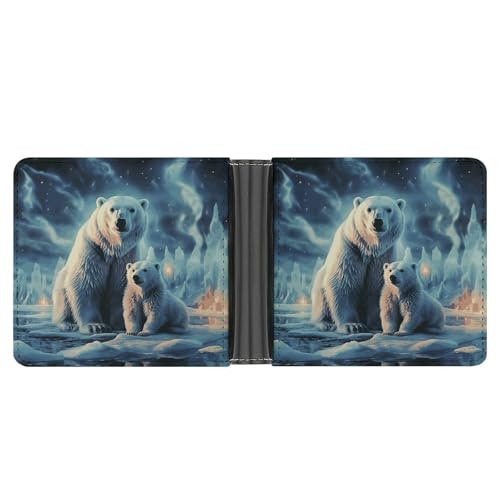RKJVB Klassische Slimfold Geldbörse für Damen Polarbären Nordlichter Bifold Kreditkartenetui Geldbörse für Herren Leder Geldbörse mit Ausweisfenster und mehreren Kartenfächern Mini Wallet Polar Bears von RKJVB