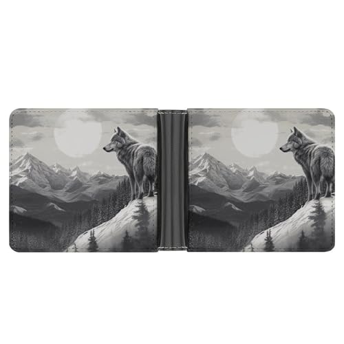 RKJVB Klassische Slimfold Geldbörse für Damen Snow Mountain Lone Wolf Bifold Kreditkartenetui Geldbörse für Herren Leder Geldbörse mit Ausweisfenster und mehreren Kartenfächern Mini Wallet Snow von RKJVB