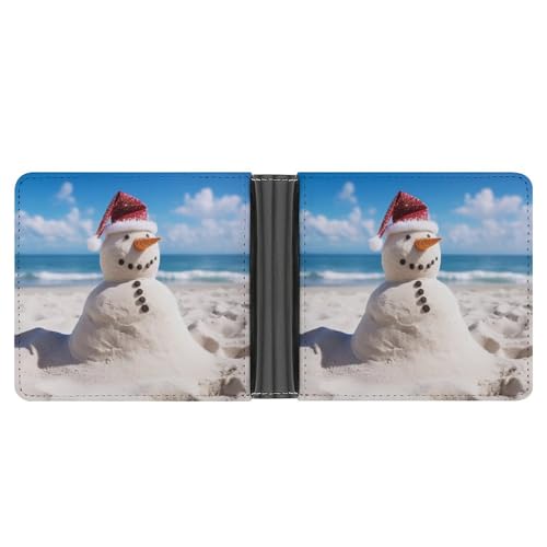 RKJVB Klassische Slimfold Geldbörse für Damen Strand Sandy Schneemann Bifold Kreditkartenetui Geldbörse für Herren Leder Geldbörse mit Ausweisfenster und mehreren Kartenfächern Mini Wallet Strand von RKJVB