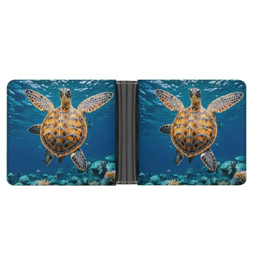RKJVB Klassische Slimfold Geldbörse für Damen Viele Meeresschildkröten-Blau Bifold Kreditkartenetui Geldbörse für Herren Leder Geldbörse mit Ausweisfenster und mehreren Kartenfächern Mini-Geldbörse, von RKJVB