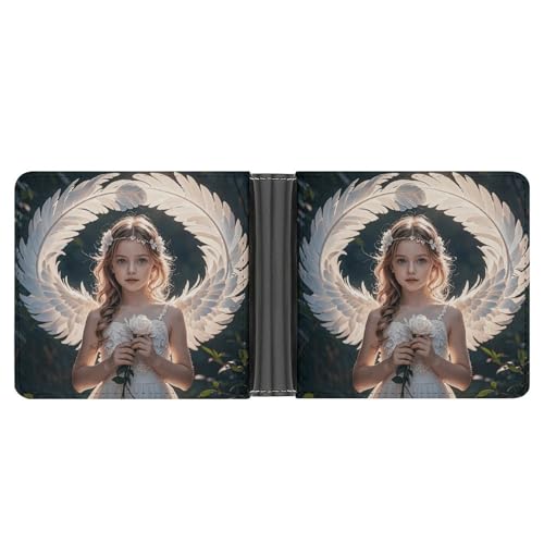 RKJVB Klassische Slimfold Geldbörse für Frauen Angel Feathers Bifold Kreditkartenetui Geldbörse für Herren Leder Geldbörse mit Ausweisfenster und mehreren Kartenfächern Mini-Geldbörse, Engelfedern, von RKJVB