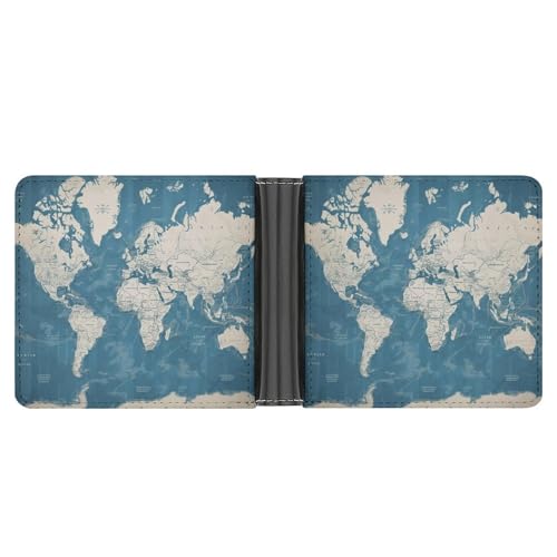 RKJVB Klassische Slimfold Geldbörse für Frauen Blaue Weltkarte Bifold Kreditkartenetui Brieftasche für Herren Leder Geldbörse mit Ausweisfenster und mehreren Kartenfächern Mini Wallet Blue Map of The von RKJVB