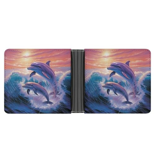 RKJVB Klassische Slimfold Geldbörse für Frauen Delfine Art Bifold Kreditkartenetui Geldbörse für Herren Leder Geldbörse mit Ausweisfenster und mehreren Kartenfächern Mini-Geldbörse, Delfin-Kunst, 4,6 von RKJVB