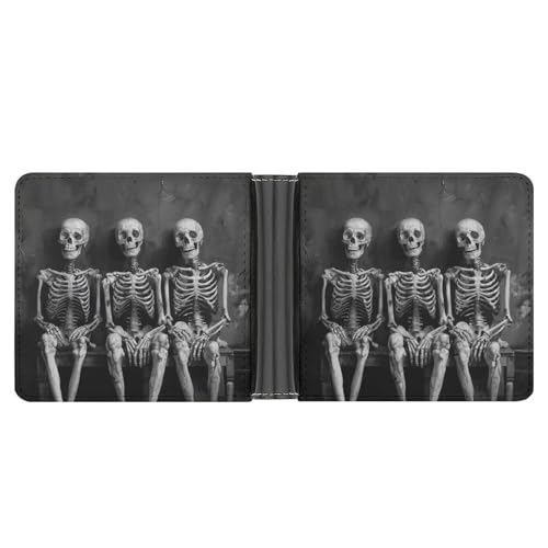 RKJVB Klassische Slimfold Geldbörse für Frauen Drei lächelnde Skelette Bifold Kreditkartenetui Geldbörse für Herren Leder Geldbörse mit Ausweisfenster und mehreren Kartenfächern Mini Wallet Drei von RKJVB