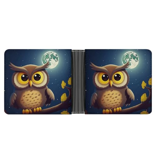 RKJVB Klassische Slimfold Geldbörse für Frauen Eule und gelber Mond Bifold Kreditkartenetui Geldbörse für Herren Leder Geldbörse mit Ausweisfenster und mehreren Kartenfächern Mini Wallet Eule und von RKJVB