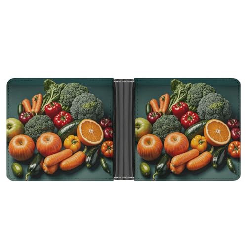 RKJVB Klassische Slimfold Geldbörse für Frauen Gemüse Obst Bifold Kreditkartenetui Geldbörse für Herren Leder Geldbörse mit Ausweisfenster und mehreren Kartenfächern Mini Wallet Gemüse Obst 4,6 × 3,7 von RKJVB