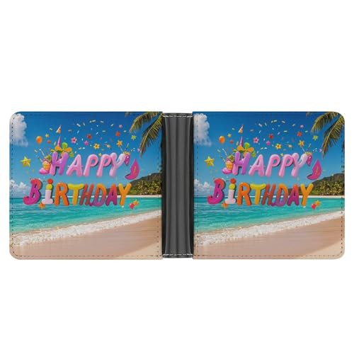 RKJVB Klassische Slimfold Geldbörse für Frauen Happy Birthday on The Beach Bifold Kreditkartenetui Geldbörse für Männer Leder Geldbörse mit Ausweisfenster und mehreren Kartenfächern Mini Wallet Happy von RKJVB