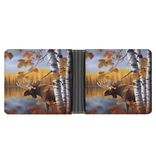 RKJVB Klassische Slimfold Geldbörse für Frauen Herbst Birkenblätter Elch Bifold Kreditkartenetui Geldbörse für Herren Leder Geldbörse mit Ausweisfenster und mehreren Kartenfächern Mini Wallet Fall von RKJVB