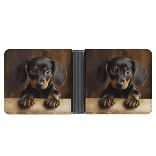 RKJVB Klassische Slimfold Geldbörse für Frauen Hund Dackel Bifold Kreditkartenetui Geldbörse für Männer Leder Geldbörse mit Ausweisfenster und mehreren Kartenfächern Mini Wallet Hund Dackel 4,6 × 3,7 von RKJVB