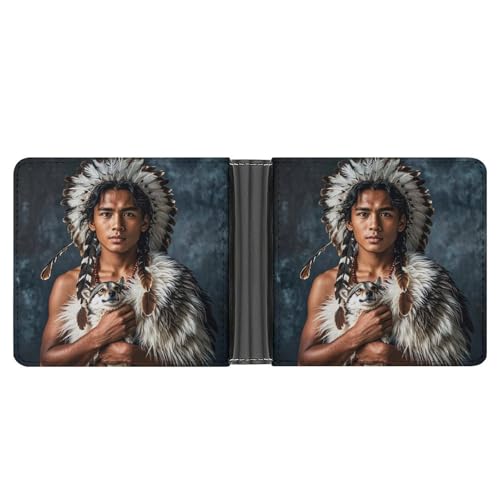 RKJVB Klassische Slimfold Geldbörse für Frauen Indigene Menschen und Wölfe Bifold Kreditkartenetui Geldbörse für Männer Leder Geldbörse mit Ausweisfenster und mehreren Kartenfächern Mini Wallet von RKJVB