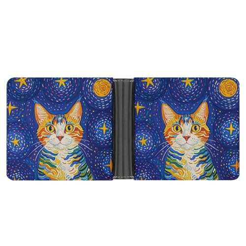 RKJVB Klassische Slimfold Geldbörse für Frauen Katze schaut Sterne Bifold Kreditkartenetui Geldbörse für Herren Leder Geldbörse mit Ausweisfenster und mehreren Kartenfächern Mini Wallet Katze schaut von RKJVB