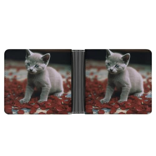 RKJVB Klassische Slimfold Geldbörse für Frauen Katze und Blütenblätter Bifold Kreditkartenetui Geldbörse für Herren Leder Geldbörse mit Ausweisfenster und mehreren Kartenfächern Mini-Geldbörse, Katze von RKJVB