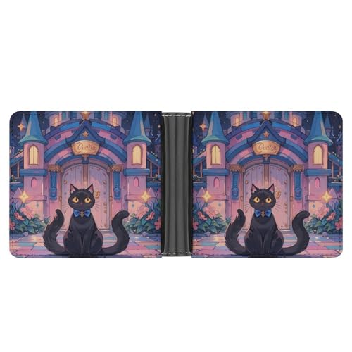 RKJVB Klassische Slimfold Geldbörse für Frauen Katze und Magic Castle Gate Bifold Kreditkartenetui Geldbörse für Männer Leder Geldbörse mit Ausweisfenster und mehreren Kartenfächern Mini Wallet Katze von RKJVB