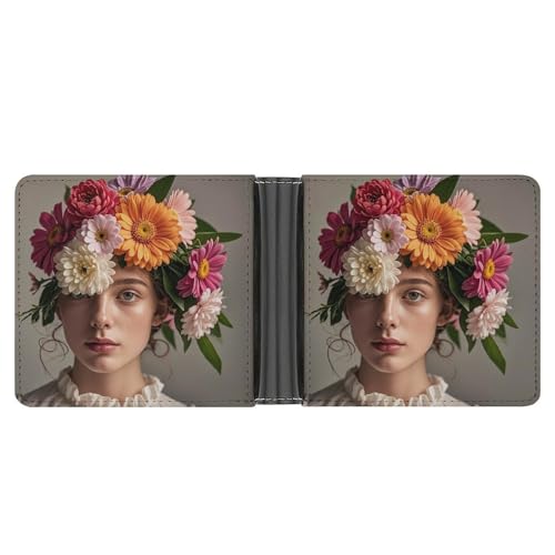 RKJVB Klassische Slimfold Geldbörse für Frauen Kopf trägt Floral Vortex Shape Bifold Kreditkartenhalter Geldbörse für Herren Leder Geldbörse mit Ausweisfenster und mehreren Kartenfächern von RKJVB