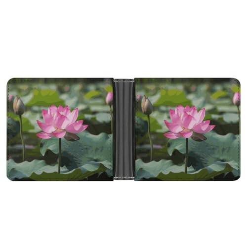 RKJVB Klassische Slimfold Geldbörse für Frauen Lotu Blumen Bifold Kreditkartenetui Geldbörse für Herren Leder Geldbörse mit Ausweisfenster und mehreren Kartenfächern Mini Wallet Lotu Blumen 4,6 × 3,7 von RKJVB