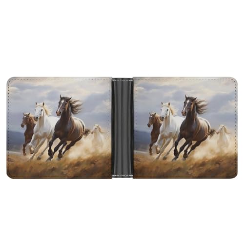 RKJVB Klassische Slimfold Geldbörse für Frauen Pferde Laufen Kunst Bifold Kreditkartenetui Geldbörse für Herren Leder Geldbörse mit Ausweisfenster und mehreren Kartenfächern Mini Wallet Pferde Running von RKJVB