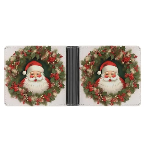 RKJVB Klassische Slimfold Geldbörse für Frauen Santa Claus Wreath Bifold Kreditkartenetui Geldbörse für Herren Leder Geldbörse mit Ausweisfenster und mehreren Kartenfächern Mini Wallet Santa Claus von RKJVB