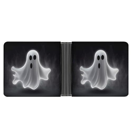 RKJVB Klassische Slimfold Geldbörse für Frauen Schwarz und Halloween Ghost Bifold Kreditkartenetui Geldbörse für Herren Leder Geldbörse mit Ausweisfenster und mehreren Kartenfächern Mini Wallet von RKJVB