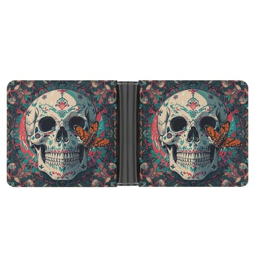 RKJVB Klassische Slimfold Geldbörse für Frauen Skelett Todesmoth Bifold Kreditkartenetui Geldbörse für Herren Leder Geldbörse mit Ausweisfenster und mehreren Kartenfächern Mini Wallet Skelett von RKJVB