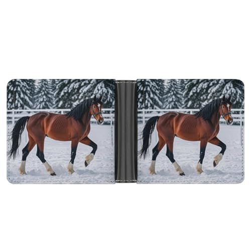 RKJVB Klassische Slimfold Geldbörse für Frauen Sport Pferde im Schnee Winter Bifold Kreditkartenetui Geldbörse für Männer Leder Geldbörse mit Ausweisfenster und mehreren Kartenfächern Mini Wallet von RKJVB