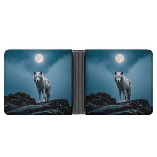 RKJVB Klassische Slimfold Geldbörse für Frauen The White Wolf on The Rock Bifold Kreditkartenetui Geldbörse für Herren Leder Geldbörse mit Ausweisfenster und mehreren Kartenfächern Mini Wallet The von RKJVB