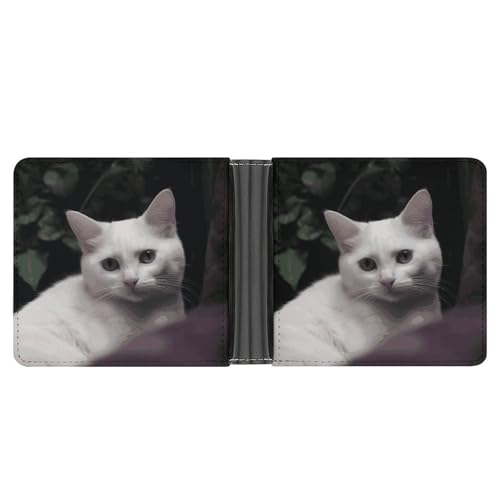 RKJVB Klassische Slimfold Geldbörse für Frauen Weiße Katze Bifold Kreditkartenetui Brieftasche für Männer Leder Geldbörse mit Ausweisfenster und mehreren Kartenfächern Mini Wallet Weiße Katze 4,6 × von RKJVB