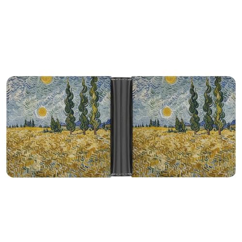 RKJVB Klassische Slimfold Geldbörse für Frauen Weizenfelder und Zypressen Bifold Kreditkartenetui Geldbörse für Männer Leder Geldbörse mit Ausweisfenster und mehreren Kartenfächern Mini Wallet von RKJVB