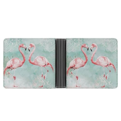 RKJVB Klassische Slimfold Geldbörse für Frauen Zwei Pfirsichflamingos Bifold Kreditkartenetui Geldbörse für Herren Leder Geldbörse mit Ausweisfenster und mehreren Kartenfächern Mini Wallet Zwei von RKJVB