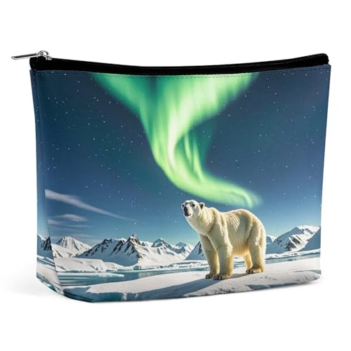 RKJVB Northern Lights Eisbär-Make-up-Tasche für Damen, tragbare Kosmetiktasche, wasserdicht, Kulturbeutel, Aufbewahrungstasche, große Make-up-Tasche, ästhetische Hand-Make-up-Tasche für Reisen, von RKJVB