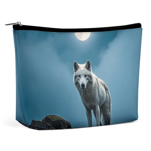 RKJVB The White Wolf on The Rock Make-up-Tasche für Damen, tragbare Kosmetiktasche, wasserdicht, Kulturbeutel, Aufbewahrungstasche, große Make-up-Tasche, ästhetische Hand-Make-up-Tasche für Reisen, von RKJVB