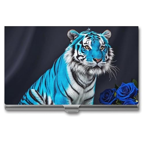 RKJVB Visitenkartenhalter, blaue Rose, Tiger, schlankes Visitenkartenetui, professionelle Namenskartenhalter, Geldbörse, Namenskarten-Organizer, minimalistische Tasche, Kartenetuis für Männer und von RKJVB