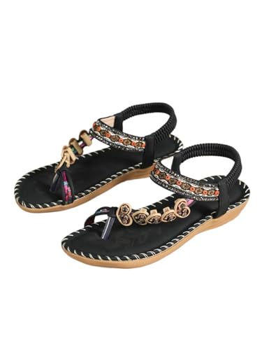 Damen Sandalen Clip Toe Flache Sandalen Retro Perlen Strand Flip Flop Tanga Sandalen Damen Sommer T-Riemen Sandale Bohemian Schuhe(Black-a,44) von RKK