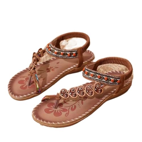 Damen Sandalen Clip Toe Flache Sandalen Retro Perlen Strand Flip Flop Tanga Sandalen Damen Sommer T-Riemen Sandale Bohemian Schuhe(Brown,41) von RKK