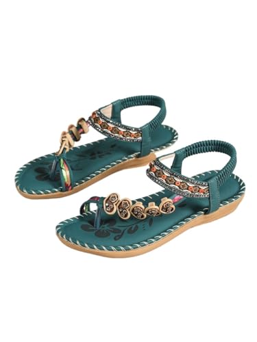 Damen Sandalen Clip Toe Flache Sandalen Retro Perlen Strand Flip Flop Tanga Sandalen Damen Sommer T-Riemen Sandale Bohemian Schuhe(Dark green,38) von RKK