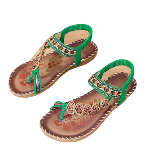 Damen Sandalen Clip Toe Flache Sandalen Retro Perlen Strand Flip Flop Tanga Sandalen Damen Sommer T-Riemen Sandale Bohemian Schuhe(Light green-b,36) von RKK