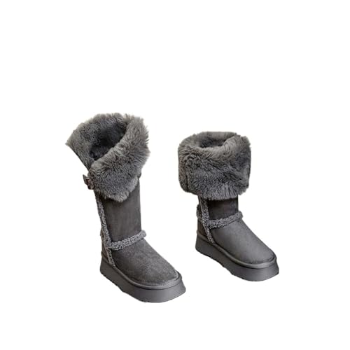 Damen Schneestiefel Plateau Keilabsatz Schnalle Baumwollstiefel Runde Zehenpartie Mode Winter Warm Plüsch Verdickte Schuhe(Gray,37) von RKK