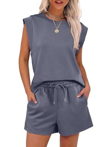 RKK 2-teiliges Outfit, Kurze Sets for Damen, Sommer-Lounge-Set, Lässiger Trainingsanzug Mit Rundhalsausschnitt Und Flügelärmeln(Gray,M) von RKK
