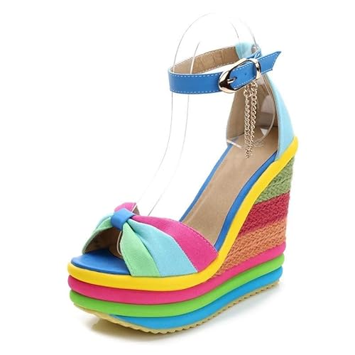 RKK Colorful Platform Wedges Sandals for Women Summer High Heels Rainbow Bowknot Hemp Bottom Female Buckle Strap Shoes(Blue,38) von RKK