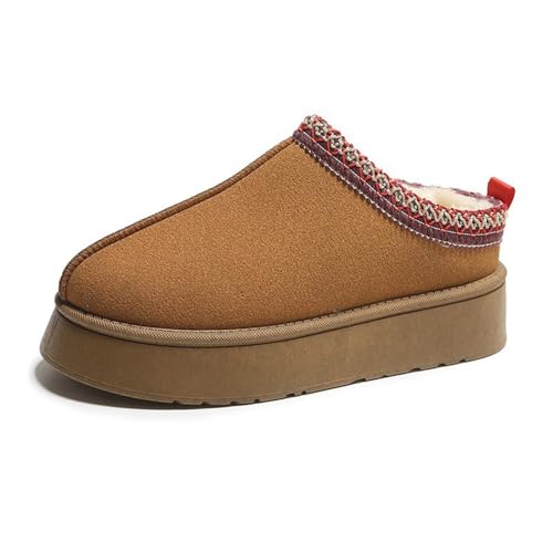 RKK Damen Hausschuhe Plateau Ministiefel Kurze Stiefelette Fleecegefütterte Sneakers Hausschuhe Anti-Rutsch-Boot For Draußen Drinnen(Brown,43) von RKK