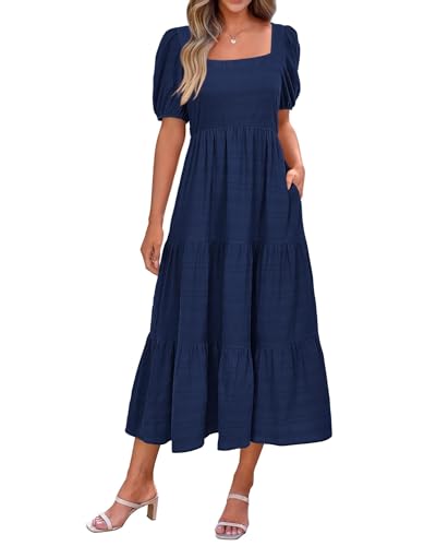 RKK Flowy Sun Dresses Women Summer Casual Dresses 2024 Trendy Tiered Smocked Maxi Dress with Pockets for Beach Vacation(Dark Blue,XXL) von RKK
