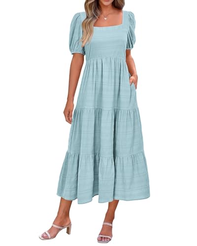 RKK Flowy Sun Dresses Women Summer Casual Dresses 2024 Trendy Tiered Smocked Maxi Dress with Pockets for Beach Vacation(Light Blue,M) von RKK