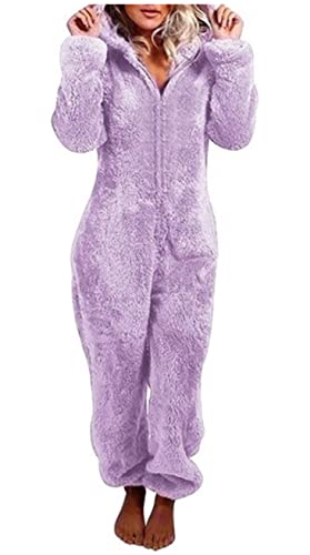 RKK Jumpsuit Plüsch Einteiler Overall Warmer Winter Ganzkörper Kuschelanzug Schlafanzug Pyjama Weich Teddy Bär Kapuze Reißverschluss Hausanzug Weihnachten Flauschiger Onesie Damen Hoodie (5XL, Lila) von RKK