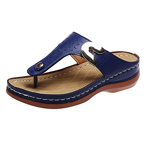 RKK Sommer Damen Wedge Flip-Flops Orthopädische Sandalen mit Metalldekor-Funktionsmuster, Flip Flop Wedge Sandalen Mit Fußgewölbeunterstützung for Frauen(Blue,37) von RKK