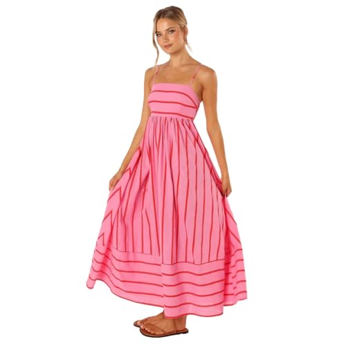 RKK Striped Beach Sun Dress Sleeveless Suspender with Open Back Large Hem Casual Dress Boho Long Cami Dress for Women(Pink,S) von RKK