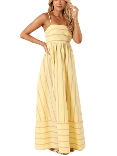 RKK Striped Beach Sun Dress Sleeveless Suspender with Open Back Large Hem Casual Dress Boho Long Cami Dress for Women(Yellow,M) von RKK